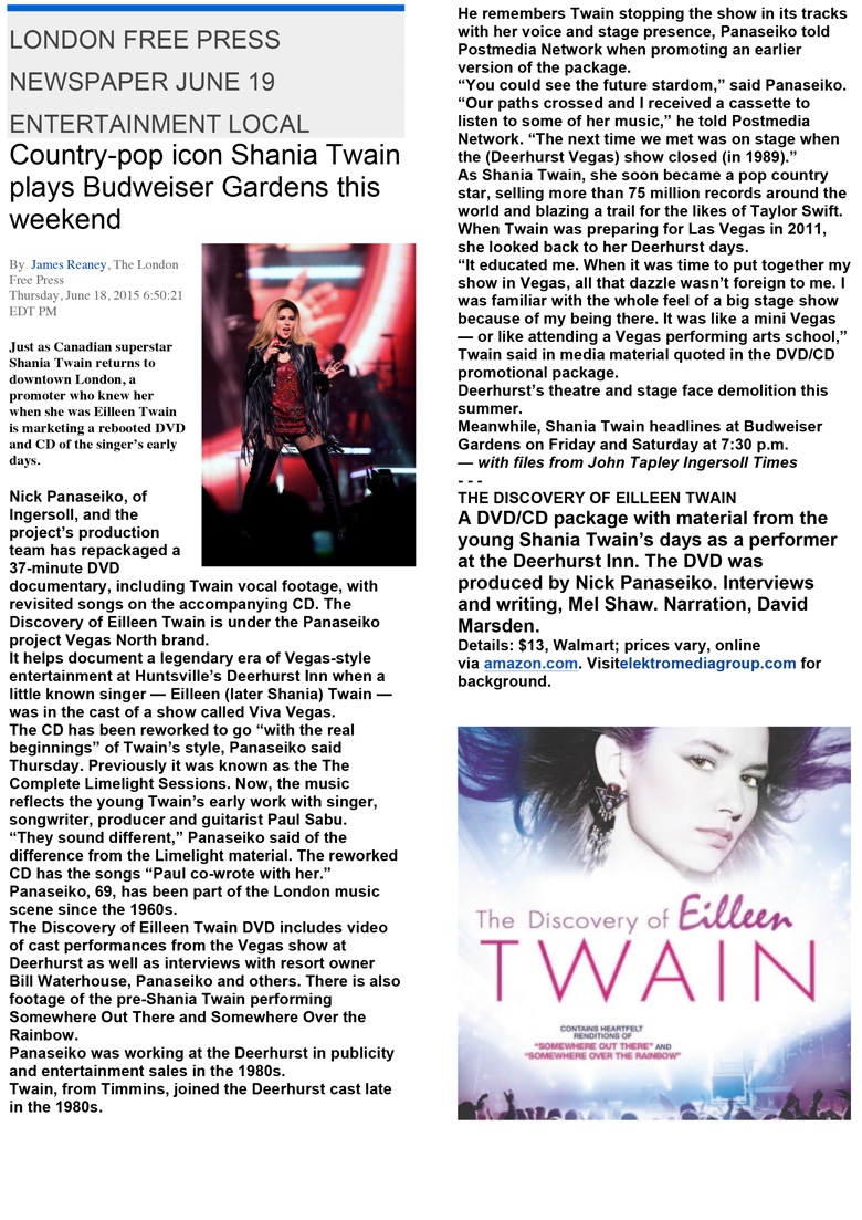 London Free Press article about The Discovery of Eilleen Twain